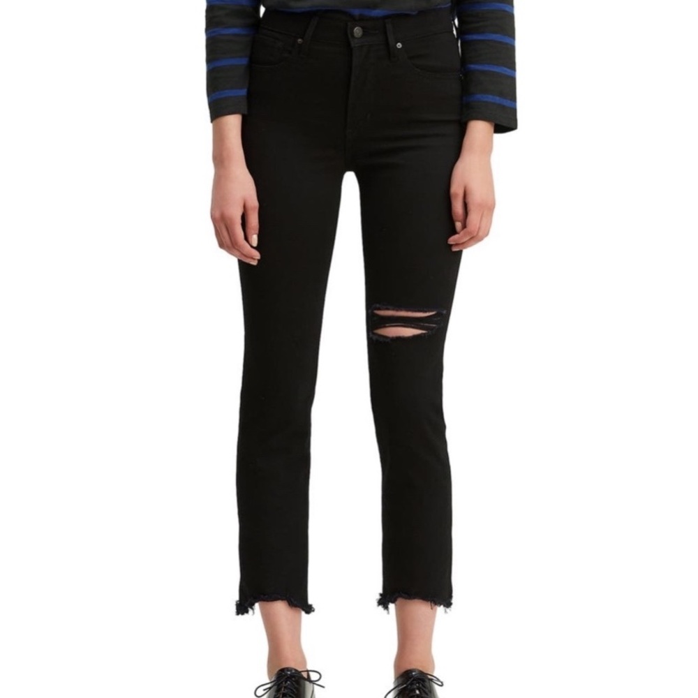 Levi's Ripped Jeans High Rise Straight Leg Crop Raw Hem Black - 27